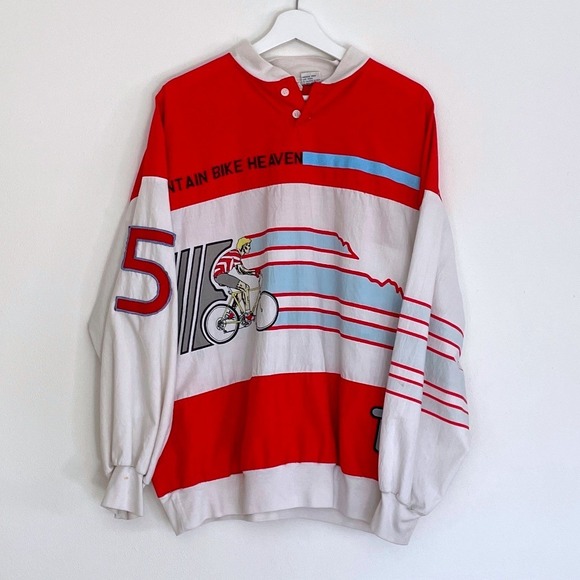 Todd|l Other - Vintage Mountain Bike Heaven Mania Graphic Long Sleeve Shirt Red White Large